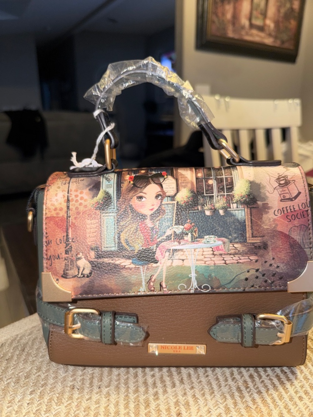 Nicole Lee Brown Illustrated Top-Handle Satchel with Multicolor Flap